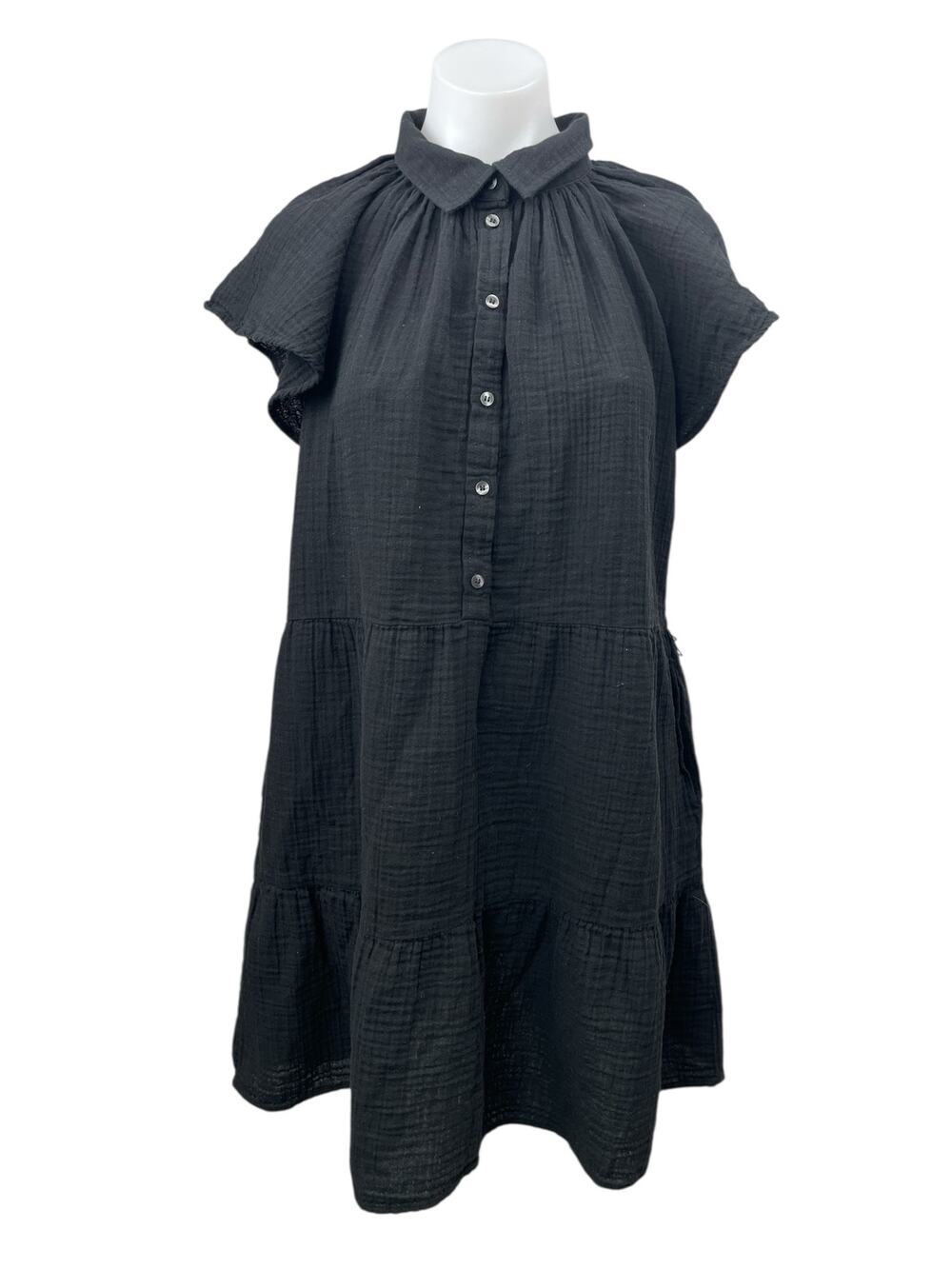GAP Black Collared Flutter Sleeve Button Tiered Mini A-Line Shirt Dress Size L